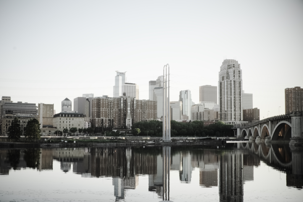 Minneapolis skyline in black and white