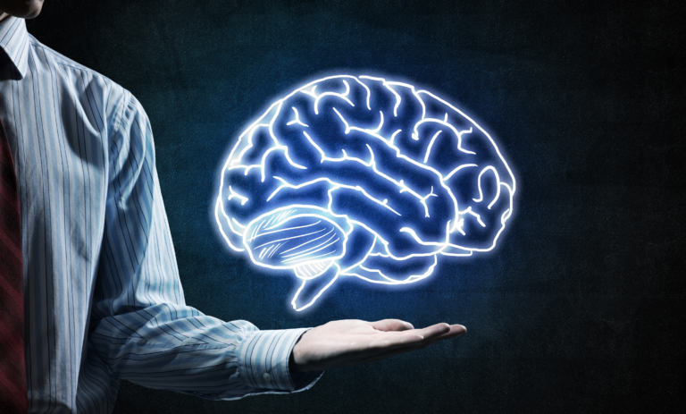 Man holding a graphical brain