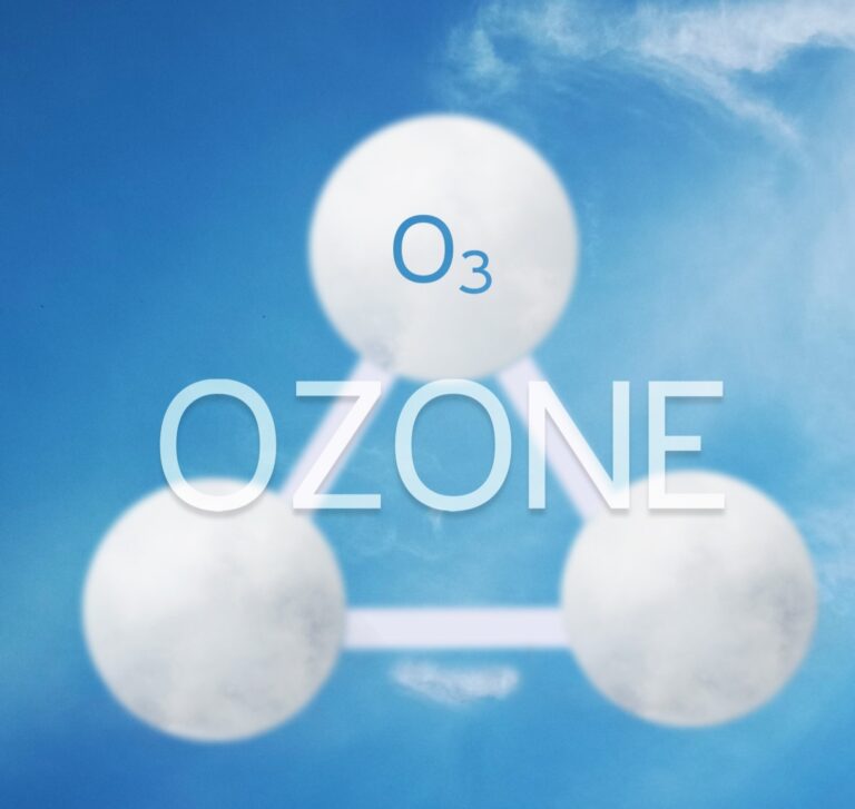 Ozone molecule on a blue sky background, representing medical ozone therapy.