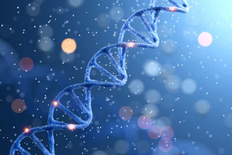 Health Optimization | Lifespan Health 5 Spiral of Blue DNA double helix with light bokeh and bubble on beautiful blue background. edited
