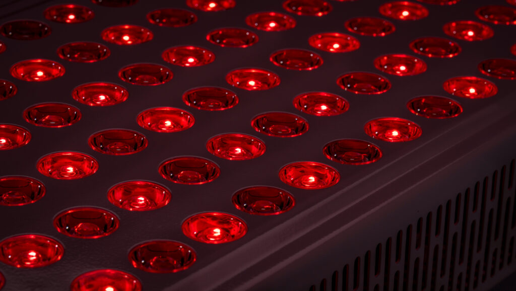 Close-up of a medical red light therapy panel