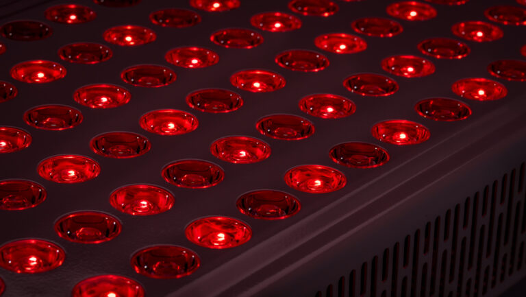 Close-up of a medical red light therapy panel